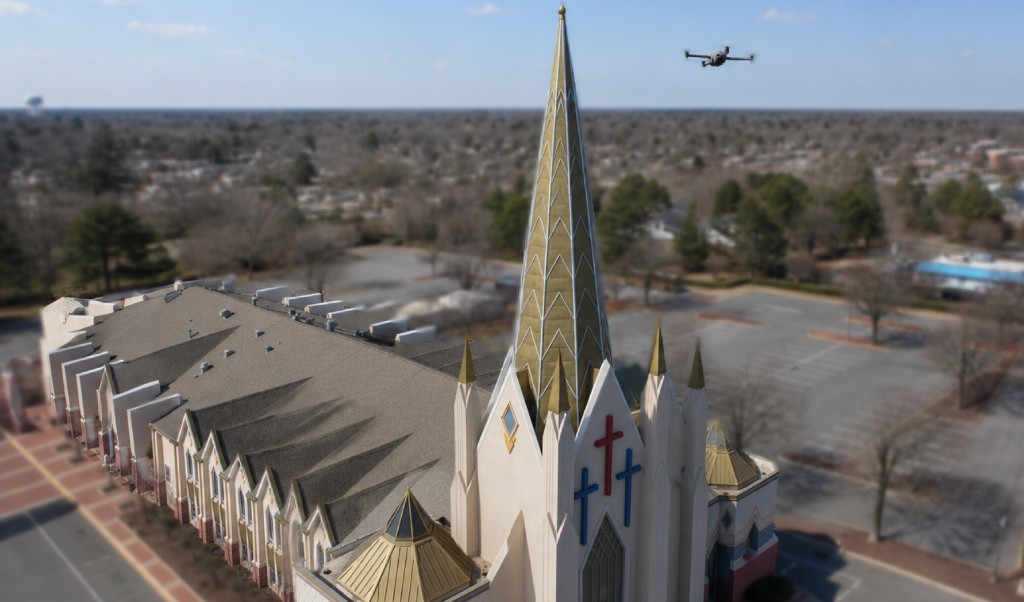 Drone documenting church steeple and inaccessible roof facets